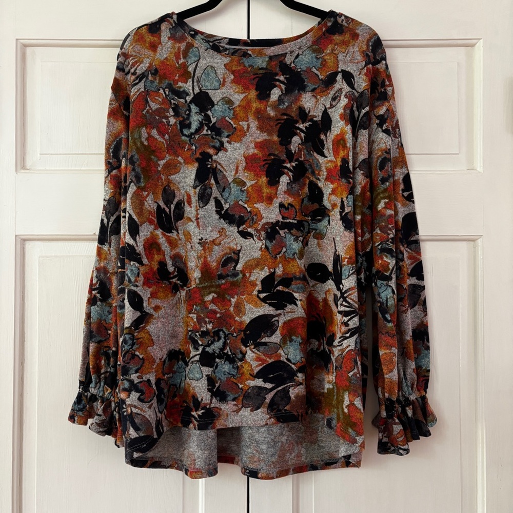 Zac & Rachel Autumn Floral Statement Sleeves Orange Gray Pullover Blouse Size 1X